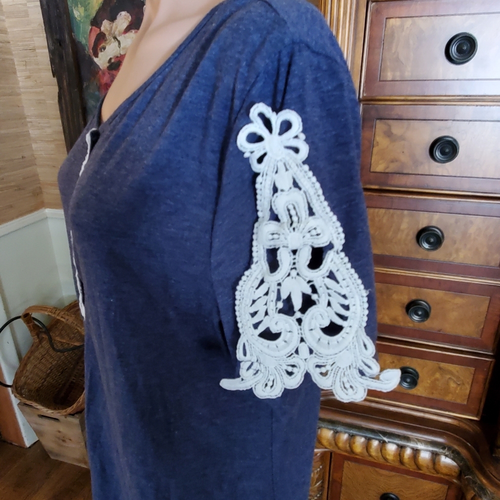 Cute Denim Color Henley Tee with Lace Inset Sleeves.      #1056